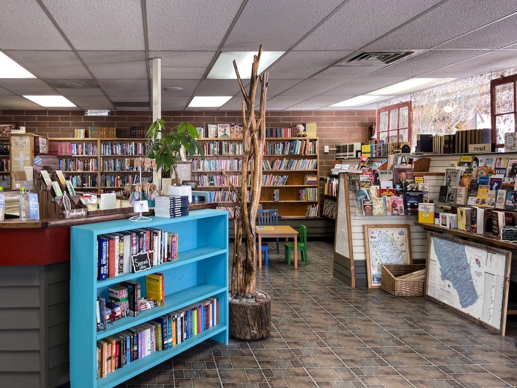 The Bookshelf interior - There's a light blue bookcase on the floor next to the cash register. There are bookcases along the entire wall in the back and a couple of table of books on the right side.  