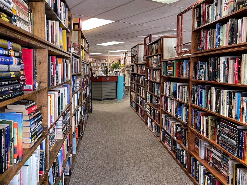 You can see the cash register area as the focal point in the back, but there are bookcases of books on either side of your view. You are looking down an isle. 