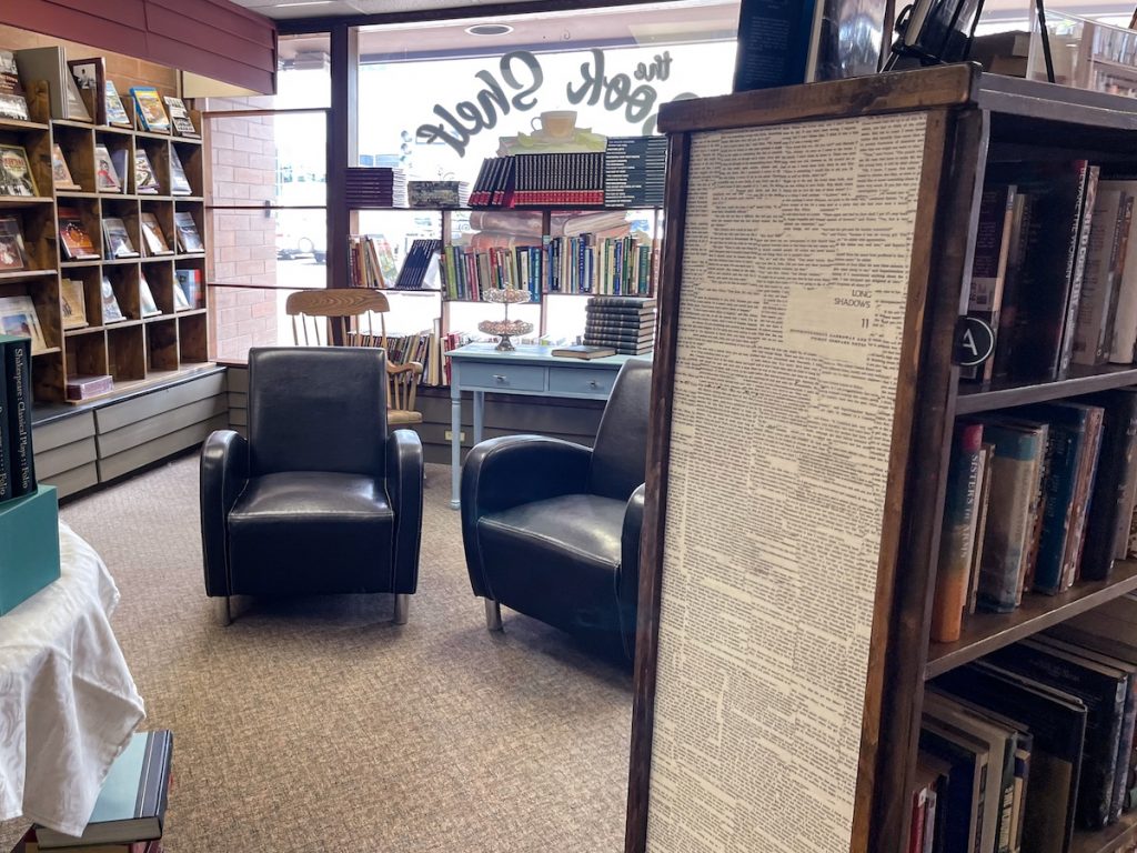 A set of two deep, black chairs hidden in a large corner behind a bookcase on the right and in front of some books along the wall on the left. 